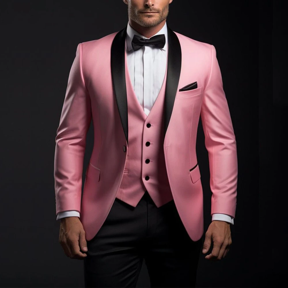 Formal Pink Men Suits High Quality Blazer Black Shawl Lapel One Button Slim Fit 3 Piece Jacket Pants Vest Full Sets Prom Outfits