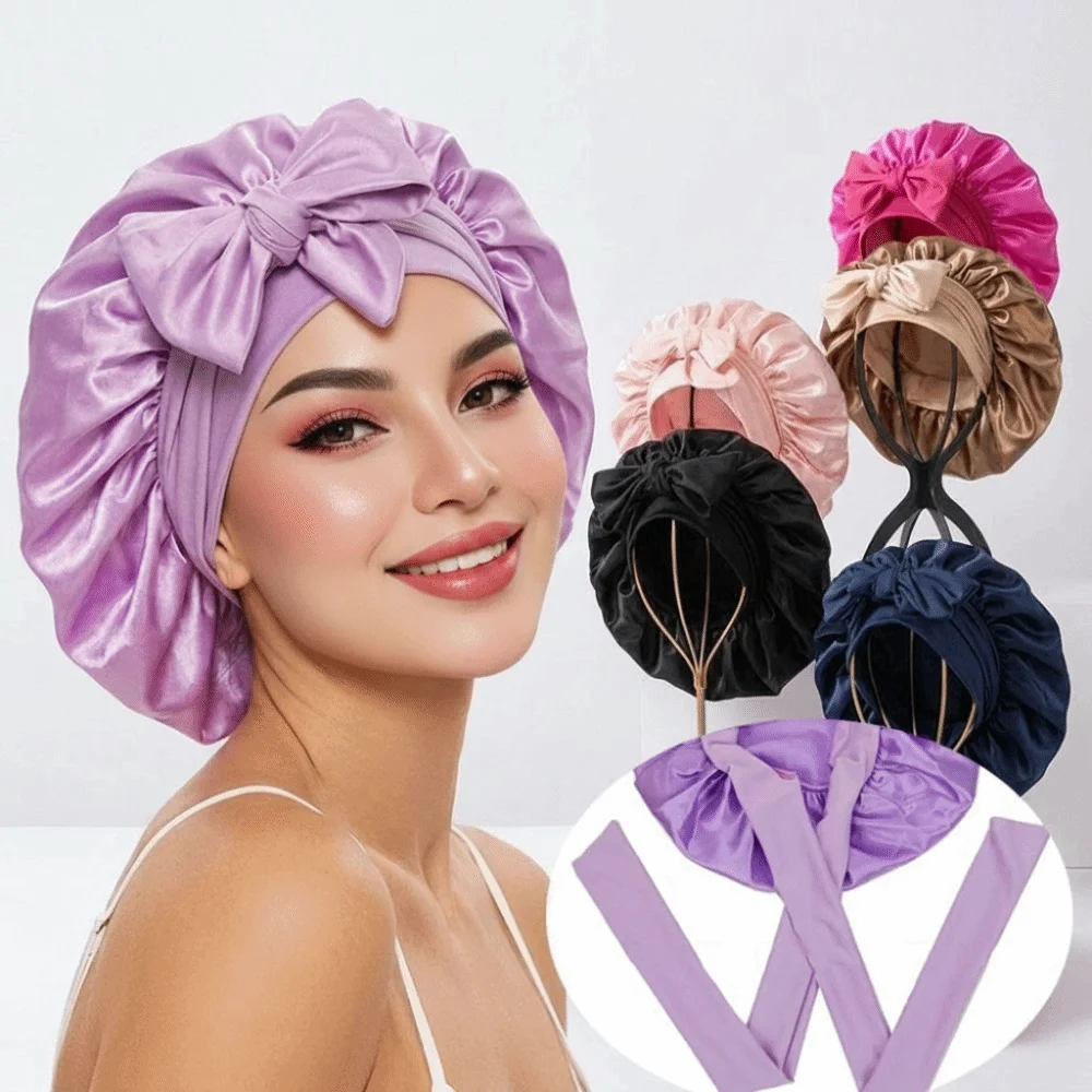 Satin Material Sleeping Bonnet Solid Color Adjustable Strap Hair Care Cap Soft Wide Brim Design Protective Hair Bonnet