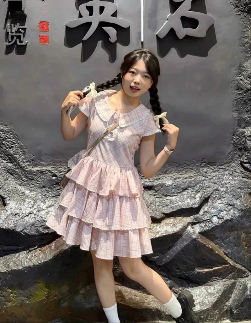 

Sweet Girls Pink Plaid High Waist Slimming Dress Doll Collar Summer College Style Short Sleeve Princess Birthday Dresses