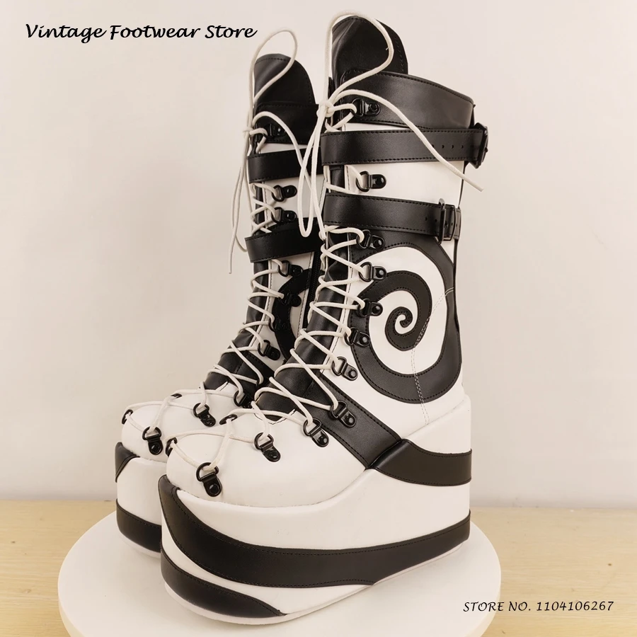 

Стильные ботильоны на платформе с вихревым принтом, уличный стиль, трендовая обувь на танкетке с круглым носком, женские весенне-осенние ботильоны с перекрестной завязкой