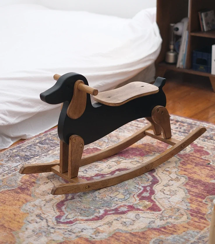 Home Vintage Solid Wood Horse Into A Rocking Chair Living Room Homestay Home Wooden Dog Single Gift