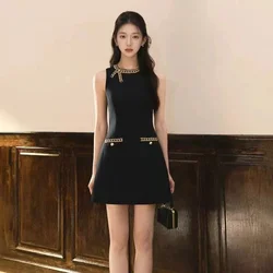 French Small Fragrant Autumn Black Mini Dress New Luxury Women O Neck Sleeveless Tank Golden Thread Embroidery Party Short Dress