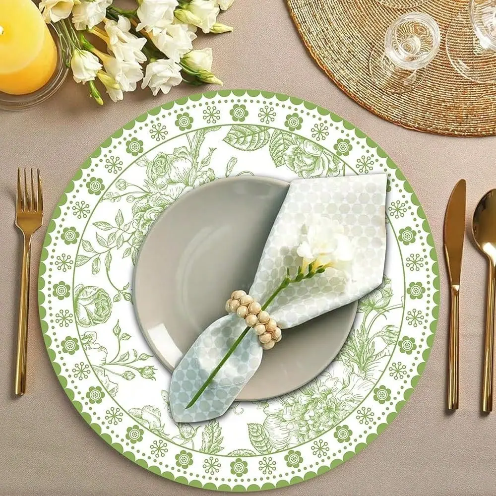 

Pcs 14 Inch Green Floral Paper Place Mats Chinoiserie Round Placemats Flower Disposable Decorative Table Mats For Dinner Table