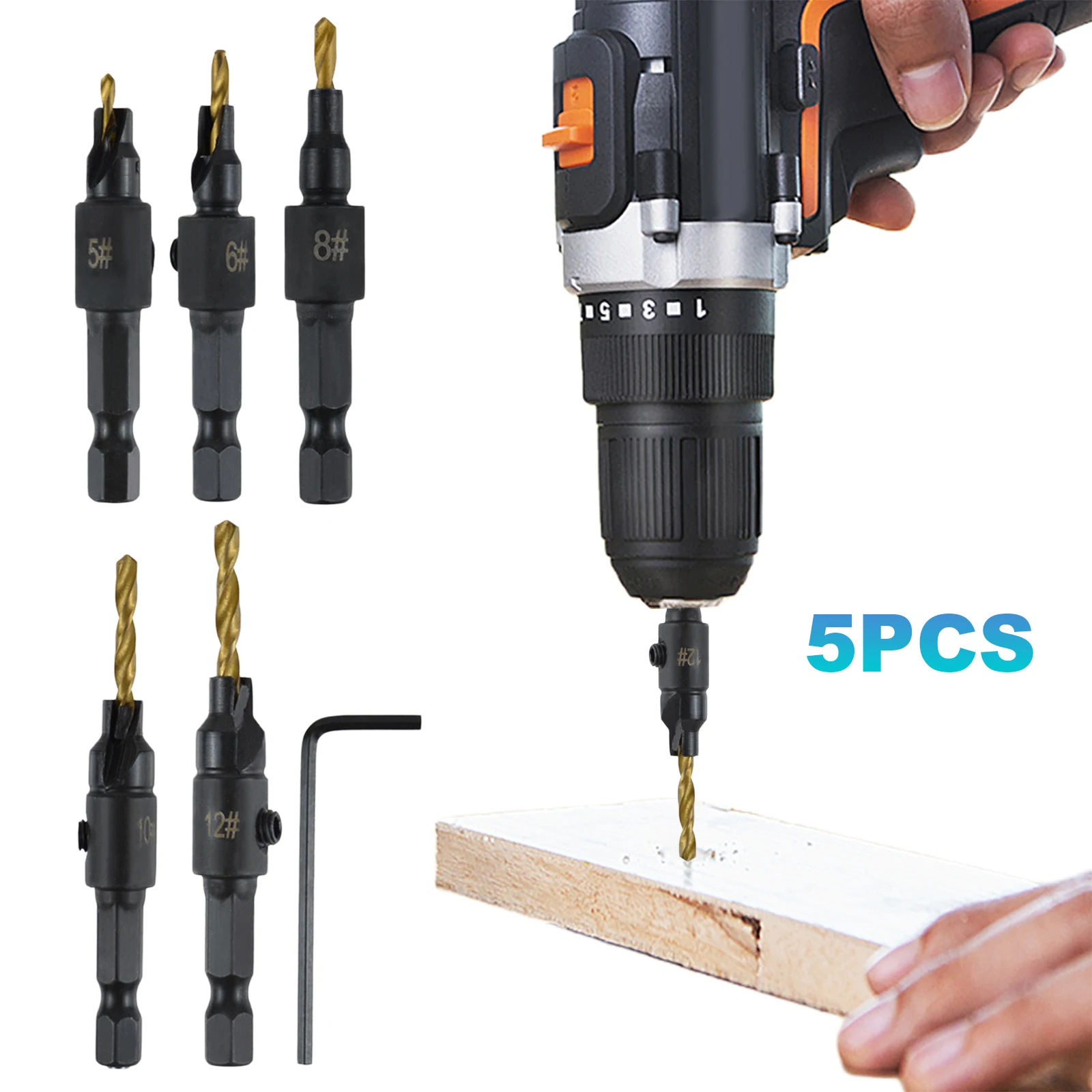 

Набор из 5 деревянных сверл с регулировкой глубины и 1 шестигранным ключом для сверления дерева, металла и пластика
