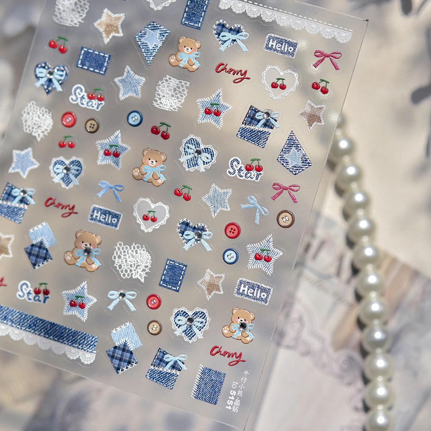 Cowboy Bear Lace Star Cherry Button Love Heart Bowknot Rhinestone 5D Nail Art Sticker Self Adhesive Decorations Manicure Decal