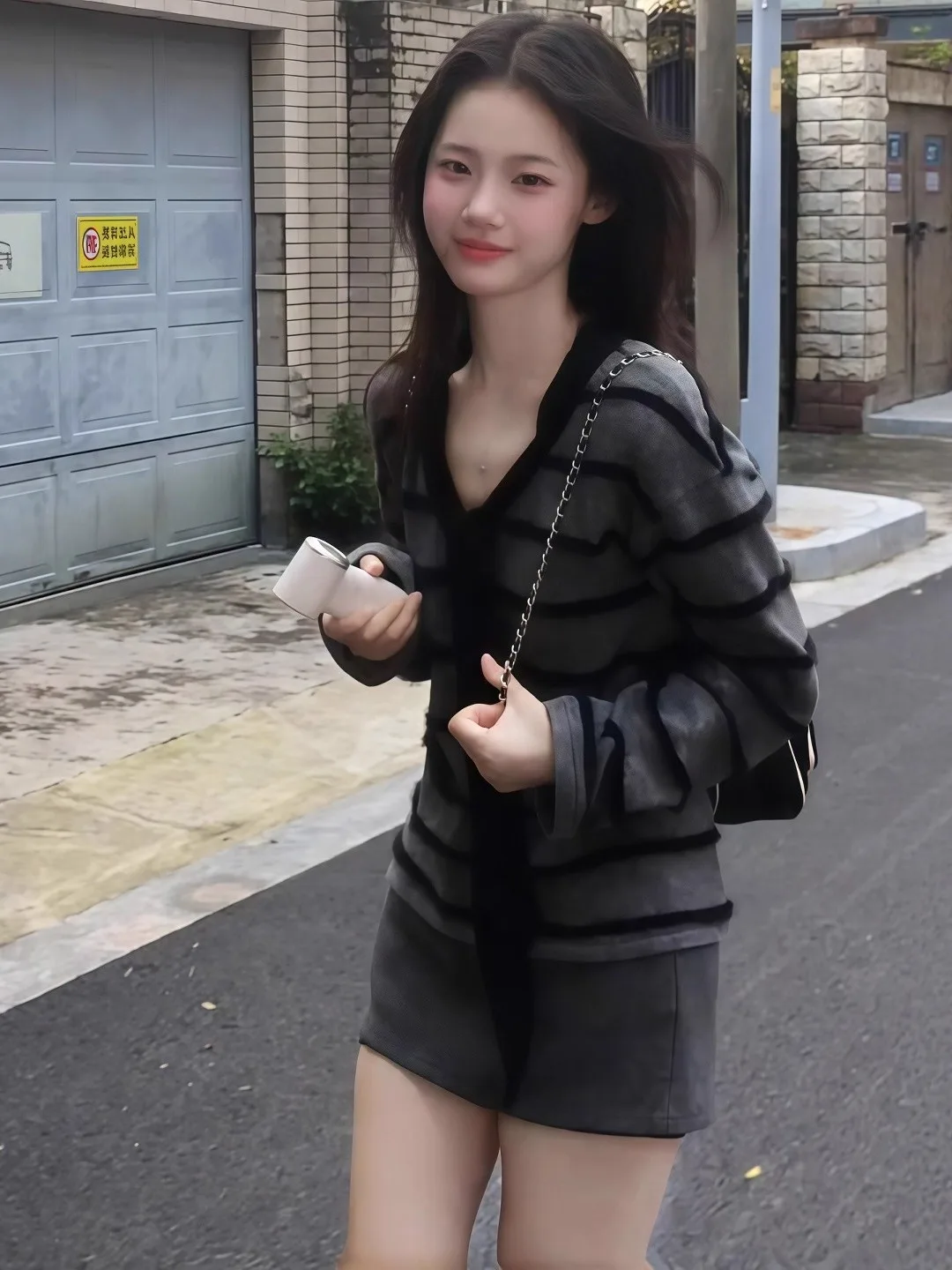 Retro ey Gestreifter Long Sve Damen Strickwaren V-Ne Loose Lazy Sle Herbst Winter High-End Feeling Pullover Sweet Sle