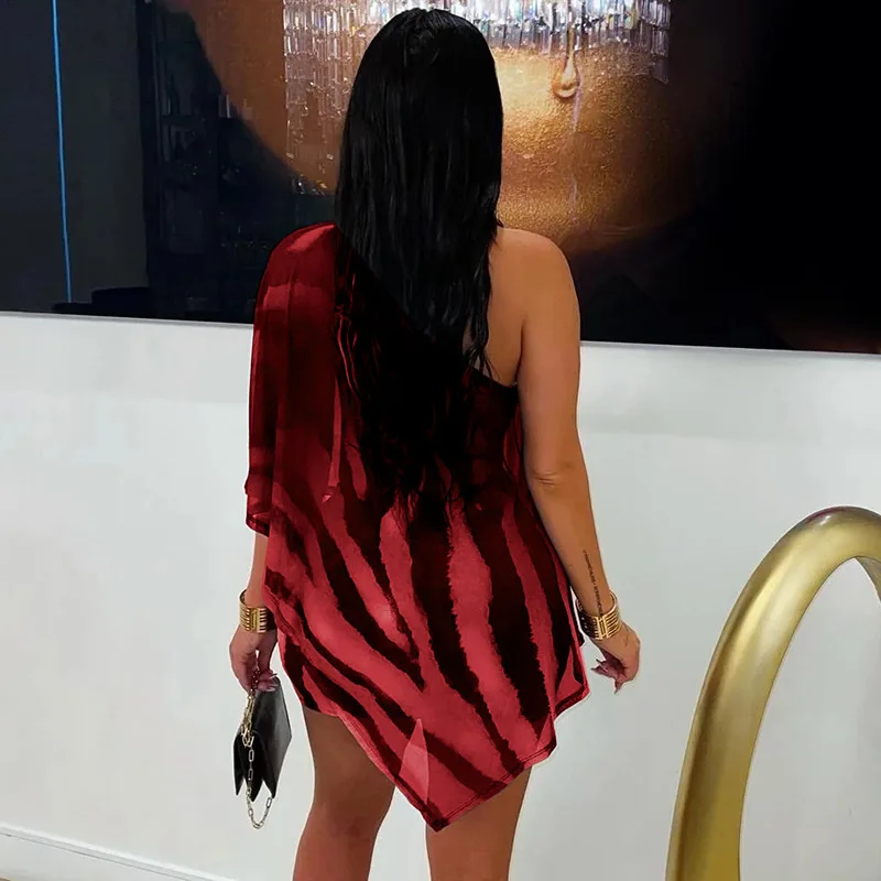 New Summer Skirt Suit Elegant Casual Loose See-through Claw Pattern Print Irregular Sloping Shoulder Top Skirt Two-piece Set