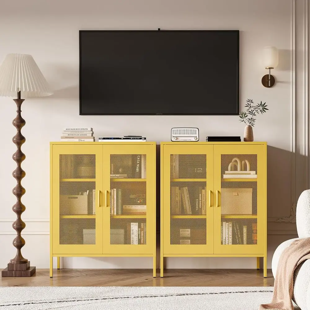 خزانة معدنية ذات رف قابل للتعديل مع بابين شبكيين، أصفر، لتخزين المنزل والمكتب (ارتفاع 40) #2