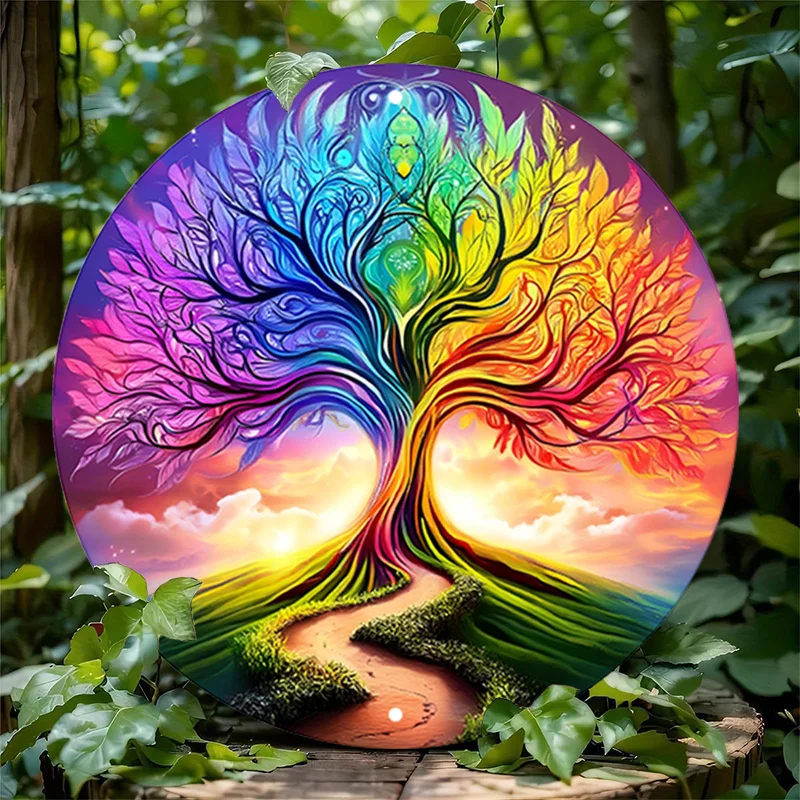 2D 1 Stück Vintage Metallschild Regenbogen Baum des Lebens mit lebendigen Farben gegen einen mystischen Sonnenaufgang Hintergrund Aluminium rundes Poster R