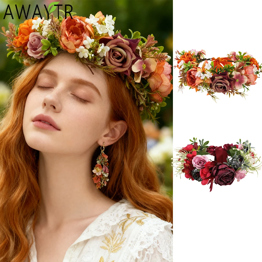 

AWAYTR Dried Rose Flower Wreath Hairband Artificial Floral Hair Bands Hoop Bride Headband For Girls Wedding Headwear