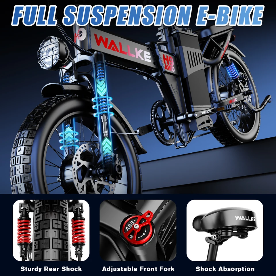 W Wallke H9 AWD Dual Motor Electric Bike for Adults, 48V 40Ah Long Range Ebike, Fast E-Bike, 20"x4" Fat Tire Electric Bicycle, UL2849 image 5