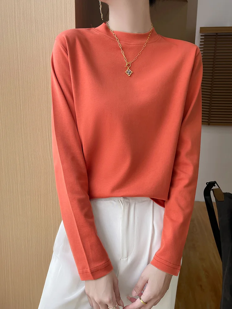 Spring Summer New Sle Women's Long Sve Cotton T-irt Thin Base Layer irt Versatile Top Outerwear f High Collar