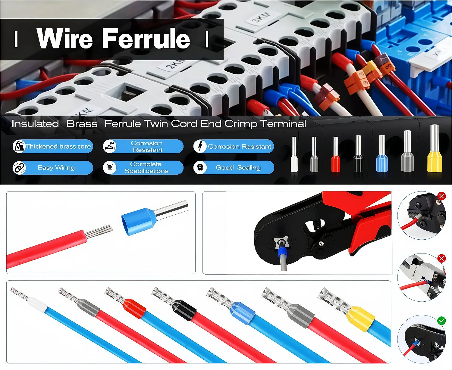 300-teiliges Isoliertes Kabelendverschluss-Set, 8 Größen AWG 22-8 Drahtklemmen, Verzinntes Messing PVC-Isoliert, für Elektrische Verkabelung – Detail 1