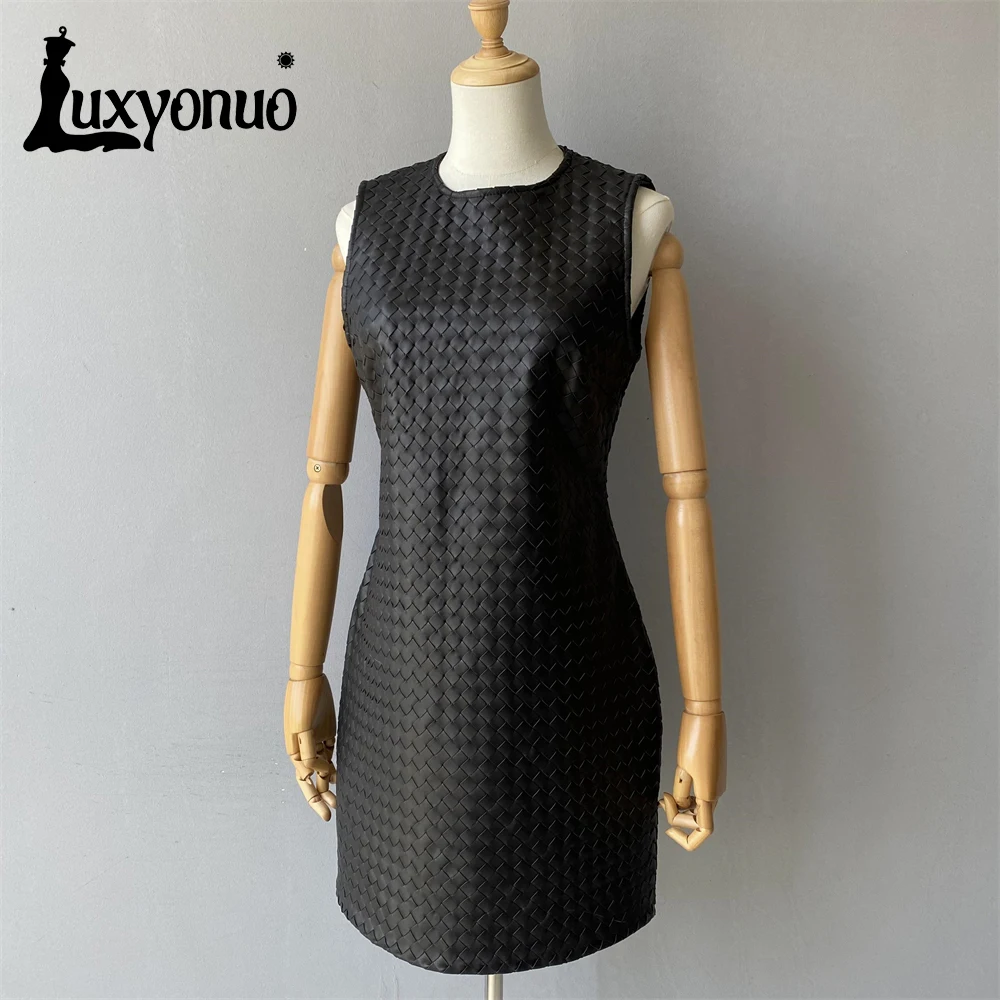 Luxyonuo Women's Real Leather Dress Ladies Spring Weave Sheepskin Sleeveless Dress Genuine Leather Vest 2024 Autumn New Arrival