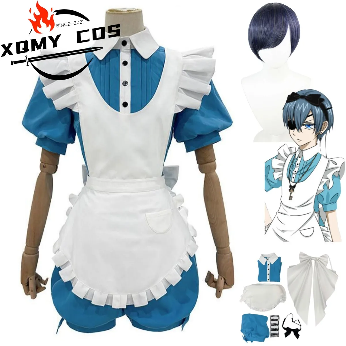 XqAnime Ciel Phantomhive Smile Косплей Костюм Kuroshitsuji Alice Фартук Горничной Платье Парик Мужчина Женщина Милый Рождественский Костюм