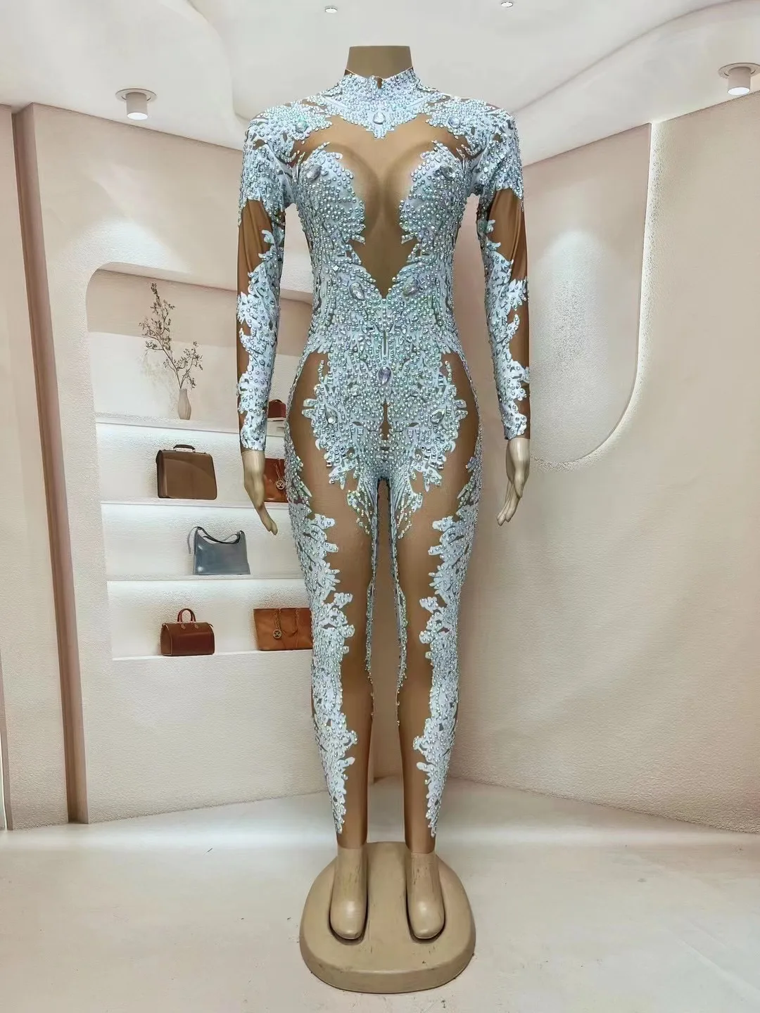 Tenue de spectacle de luxe avec strass brillants, combinaison à manches longues pour femmes, Costume de fête, boîte de nuit, séance photo, vêtements de scène de danse