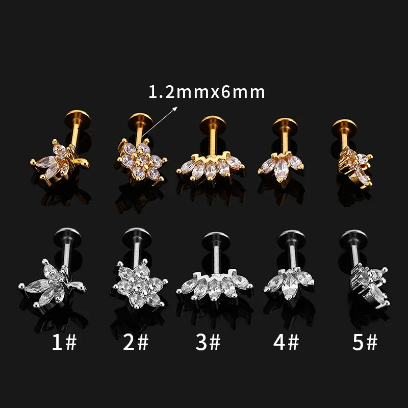 1Piece 16G Flat Vertical  Back Flower Earring Marquise CZ Tragus Cartilage Helix Piercing Jewelry