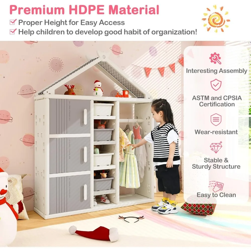 Rangement pour habiller les enfants, placard suspendu ouvert avec bacs de rangement, étagères, paniers latéraux, armoire pour enfants