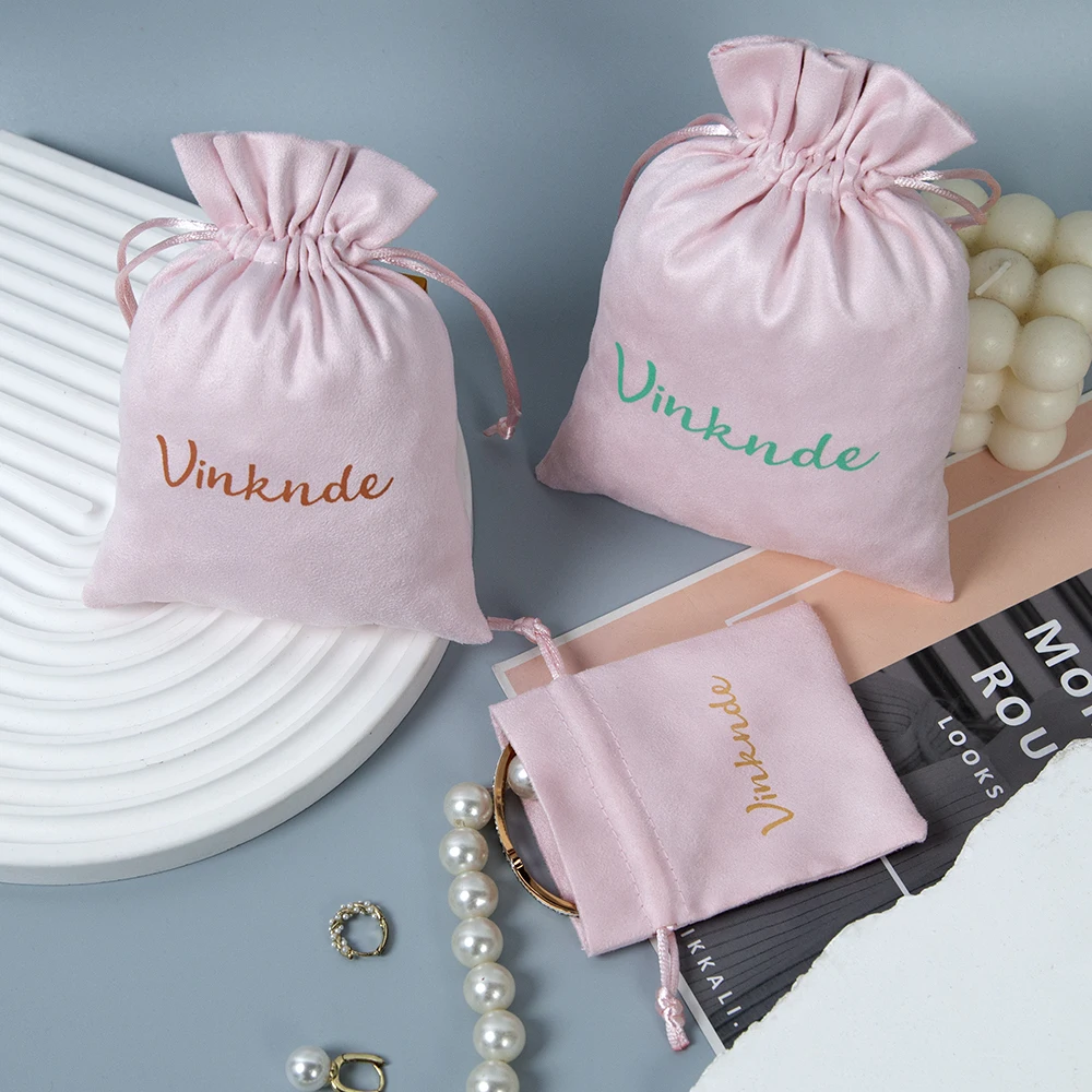 

50pcs Personalized Logo Pink Drawstring Bag Flannel Velvet Pouch for Boutique Ring Earring Pearl Necklace Pendant Keycahin Pack