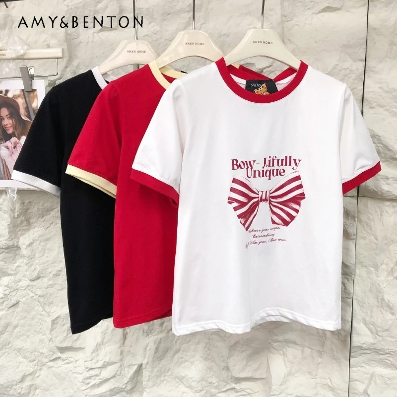 

Summer Cute Sweet Y2k Top Tshirts Versatile Bow Print Age Reduction Loose Casual Short-sleeved T-shirt Pullovers Women's Clothes
