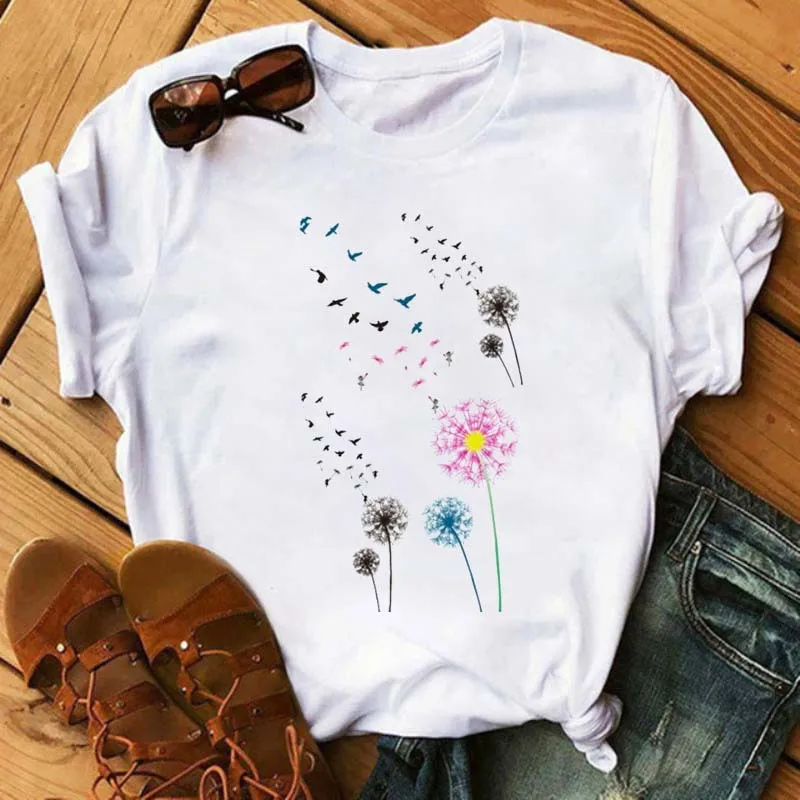 Europe and The United States Explosive Plant Dandelion Dress Cute White Women's Printed Women's Short-sleeved T-shirt Tops