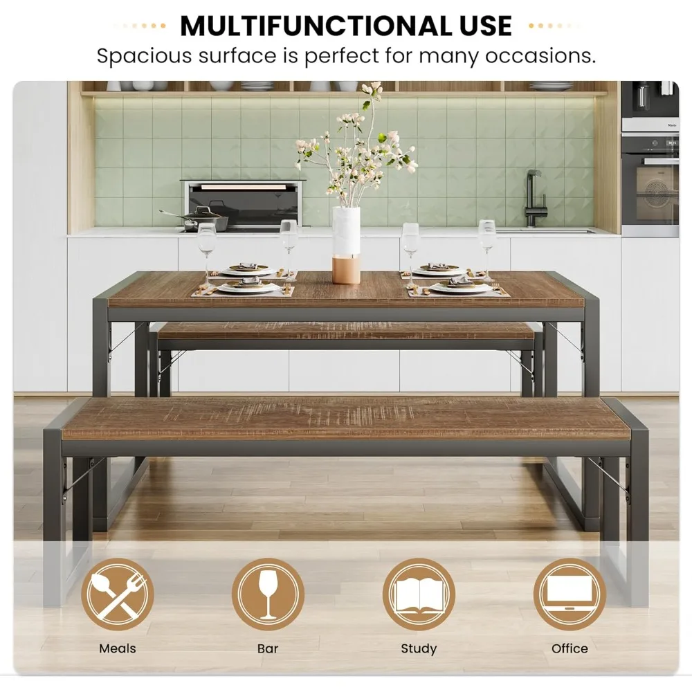 Kitchen Dining Table Set for 4 with Benches, Rustic Small Space Saving Dinette, Heavy Duty Metal Frame