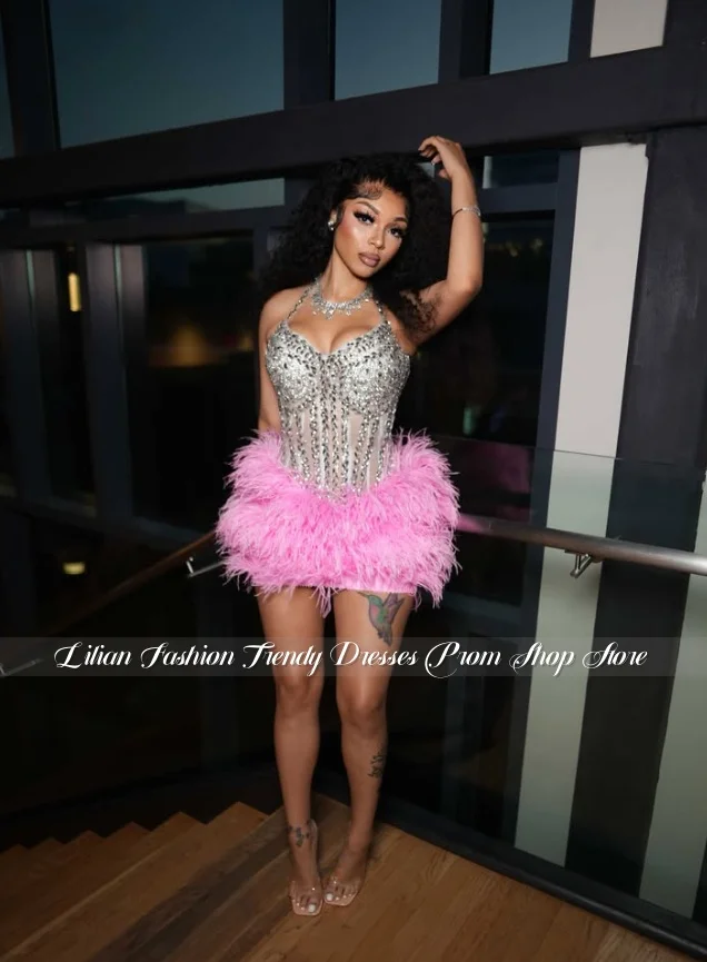 Customized Strapless Sexy Cocktail Dress Glamorous Gemstone Feather Mini-Skirt Prom Dress Birthday Party Dress Bar Party Dress