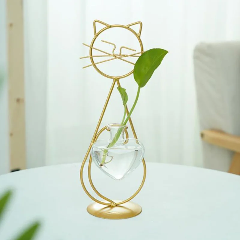 Insta-Style Cat Shape Hydroponic Vase Creative Tabletop Decoration In Living Room Simple Metal Support Hydroponic Containers