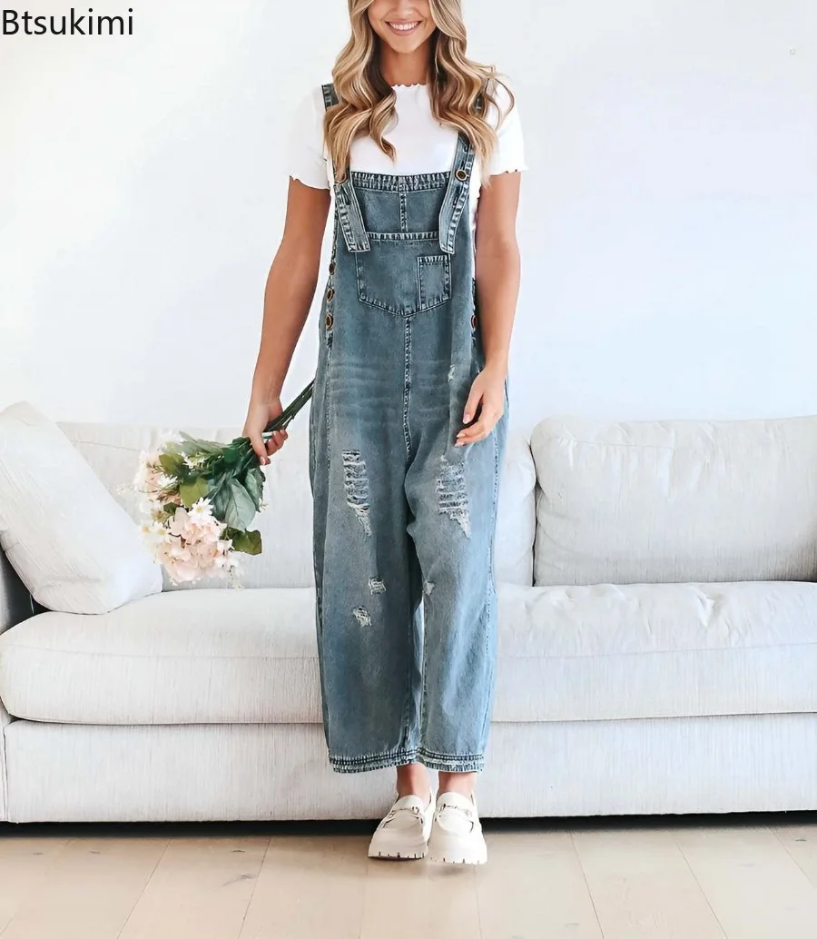 

2025 Summer Fashion Women Casual Loose Solid Jeans Jumpsuit Vintage Hole Strap Dungaree Harem Trousers with Pockets Overalls