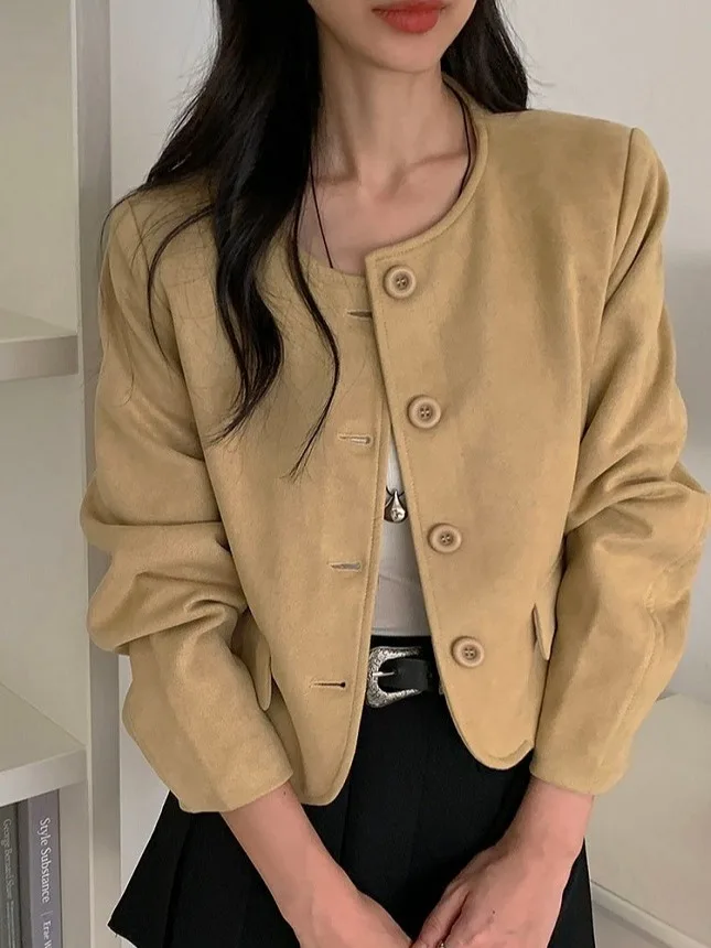 

Retro Suede Slim Fit Jaet Women's Chic Early Autumn Single Button ort Coat Korean Sle Loose Fit Faionable Outerwear