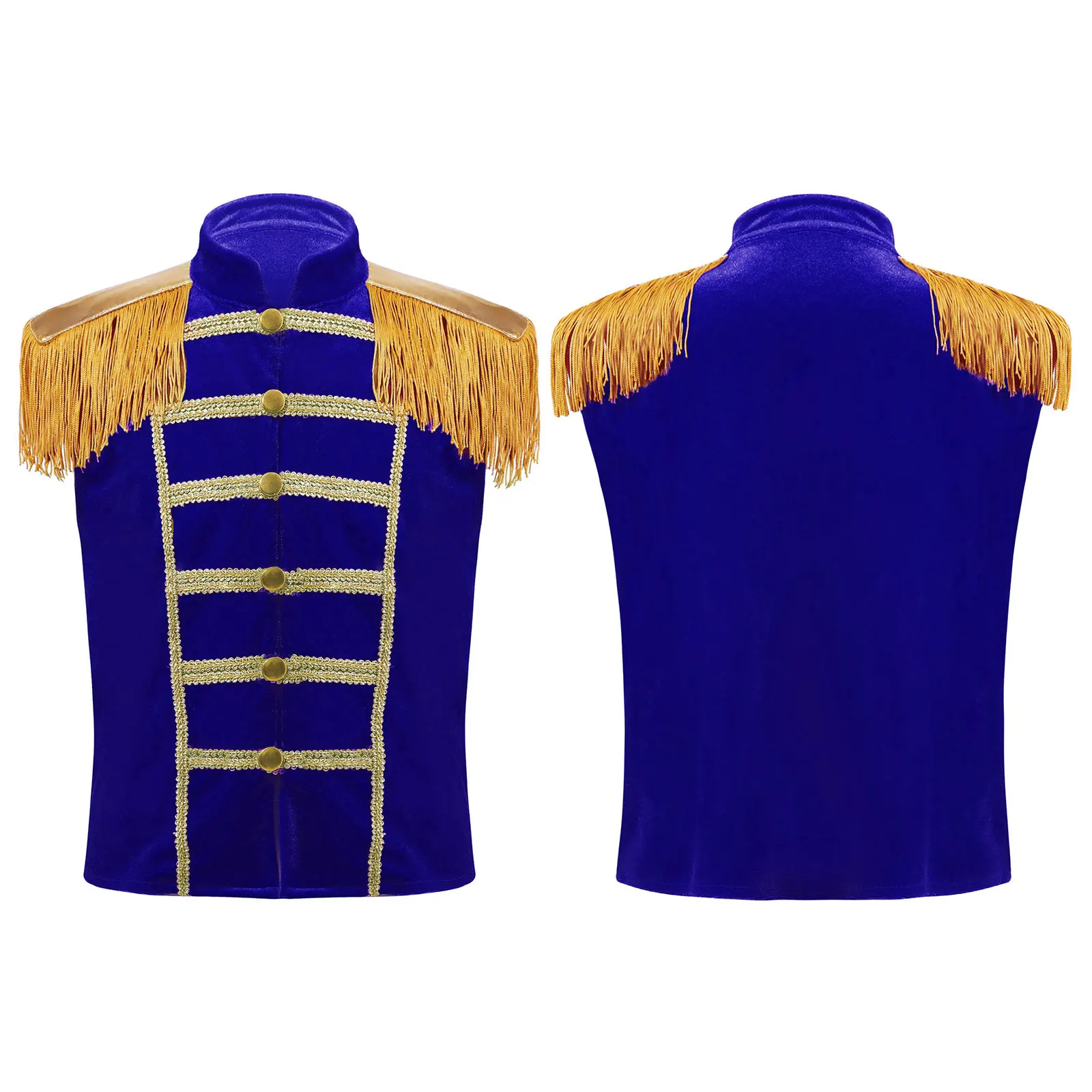 Kids Halloween Cosplay Circus Showman Militair Drummer Kostuum Mouwloos Goud Franje Epaulet Vest Vest Vest Voor Uitvoering