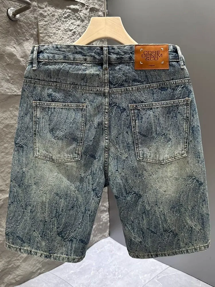 Summer Male Knee Length Trouser American Style Retro Fashion Streetwear Casual Short Trousers Mid Waist Straight Denim Shorts