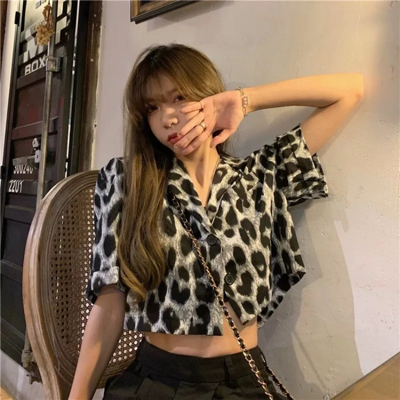 Women Shirt Trendy Cropped Chic Leopard All-match Korean Fashion Popular Streetwear Leisure Harajuku Simple Summer Unique Y2k