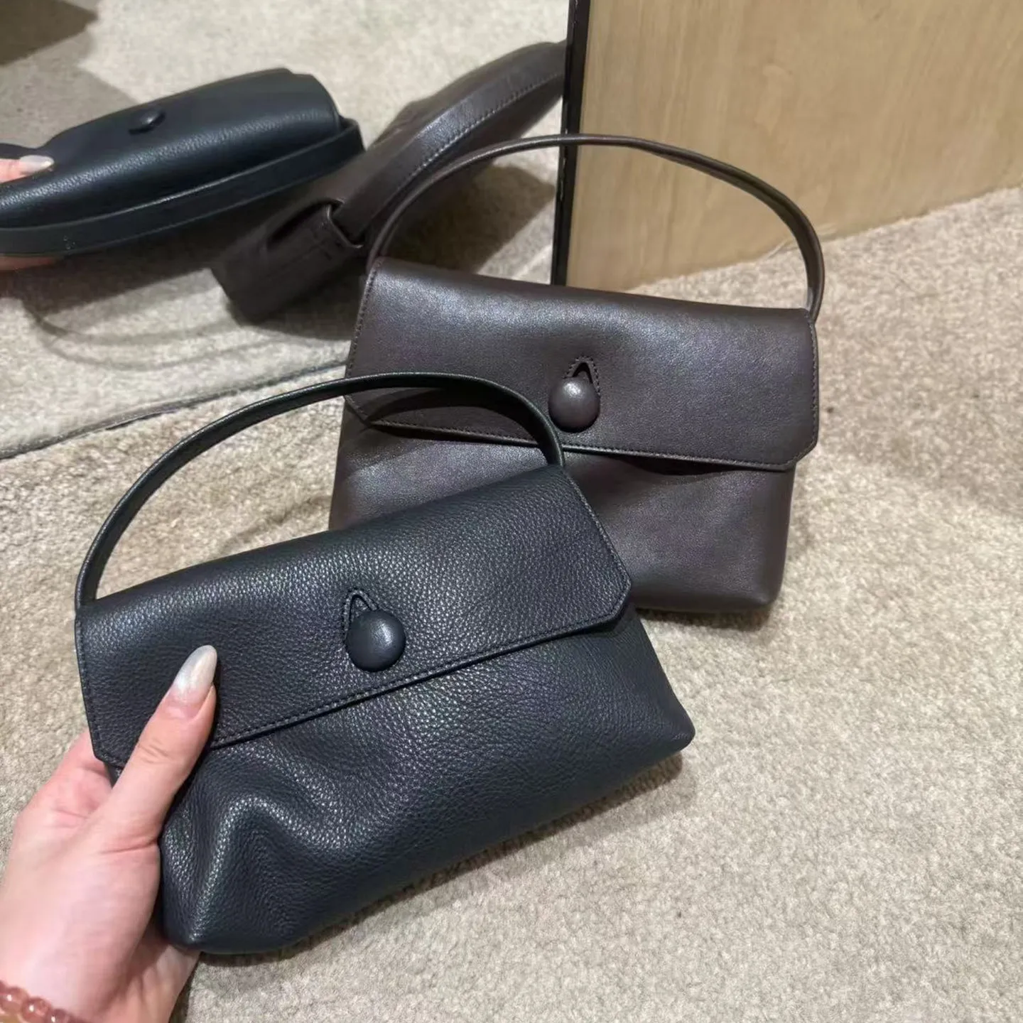 Sally Bag, Baby Cowhide Button Handbag, Minimal Vintage Exquisite Small Square Bag, Fashion Womens Leather Phone Purse
