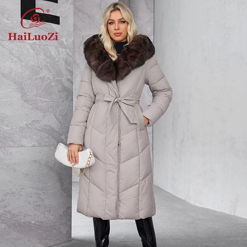 HaiLuoZi 2024 New Women\'s Cotton Clothes Warm Hooded Fur Long Women Parkas Elegant Large Pocket Belt Quilted Women\'s Coat 625