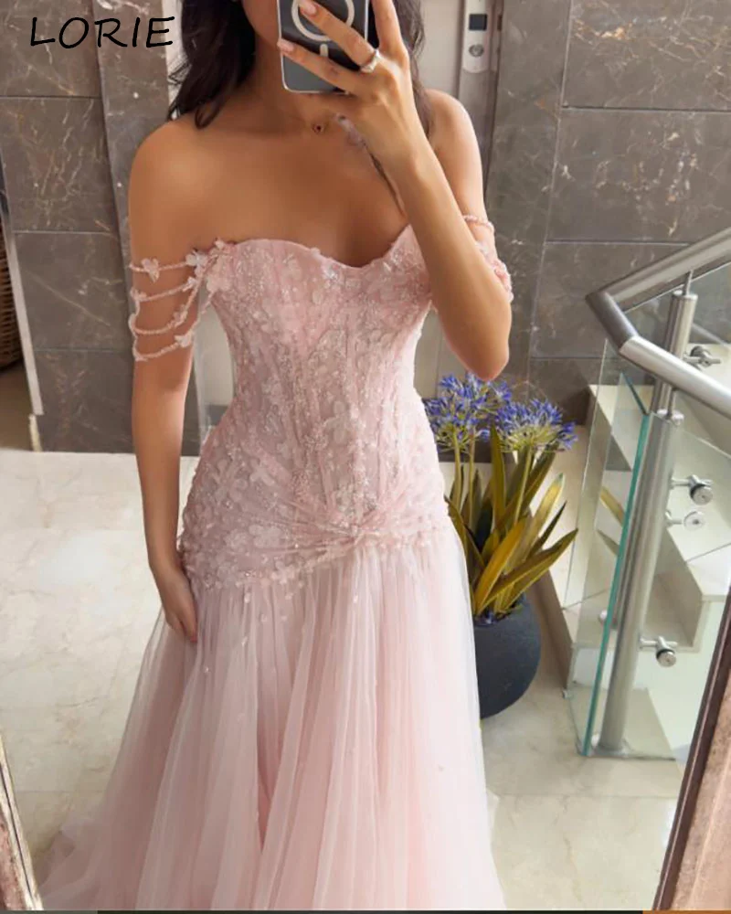 

LORIE Lace Puff Sleeves Party Dress Off Soulder Applique A-Line Evening Dress Prom Dress 3D Flower Party Gown Club Customized