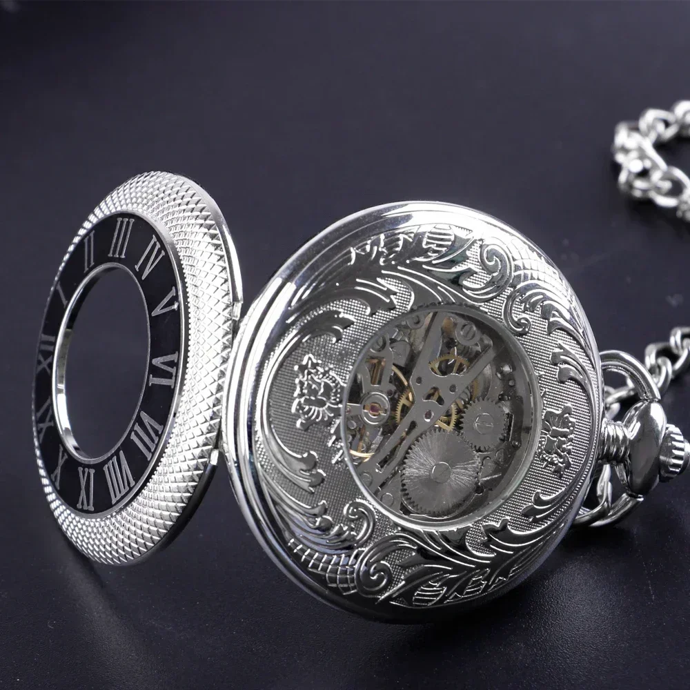 Luxury Silver Mechanical Hand Wind Antique Pocket Watch Exquisite Blue Roman Numerals Display Skeleton Pendant Clock Gifts