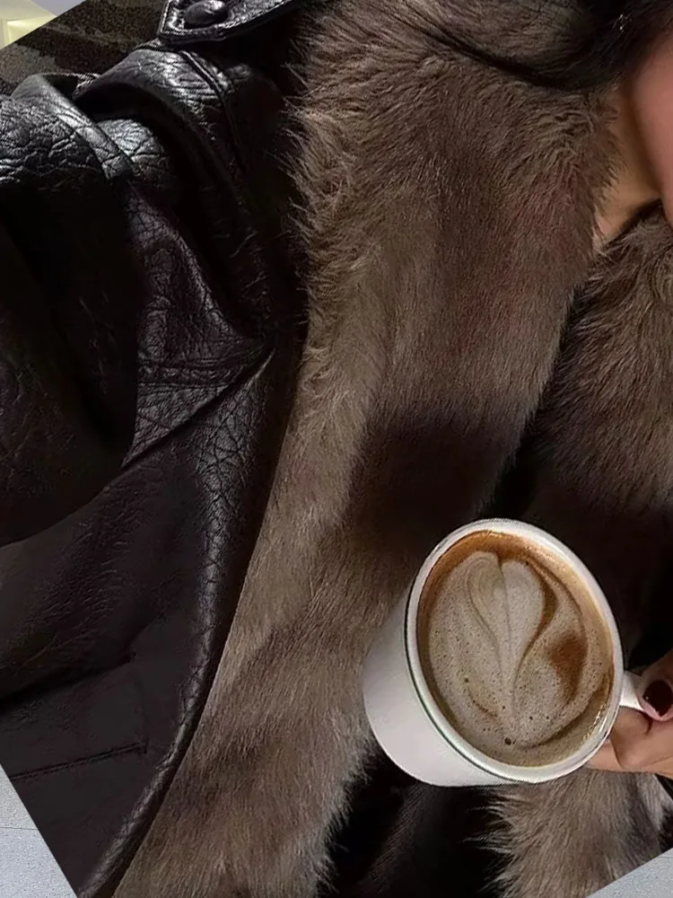 

HH женская шикарная двубортная куртка из искусственного меха с эффектом лацкана и карманами, женская повседневная свободная короткая куртка, модная уличная куртка