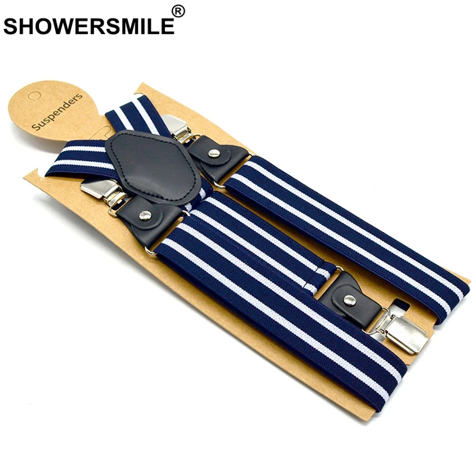 SHOWERSMILE ชาย Suspenders เข็มขัด Navy Unisex ผู้หญิง Suspender สำหรับผู้ใหญ่ลาย Braces หนังปรับ 3 คลิปชายกางเกงสายรัด Man