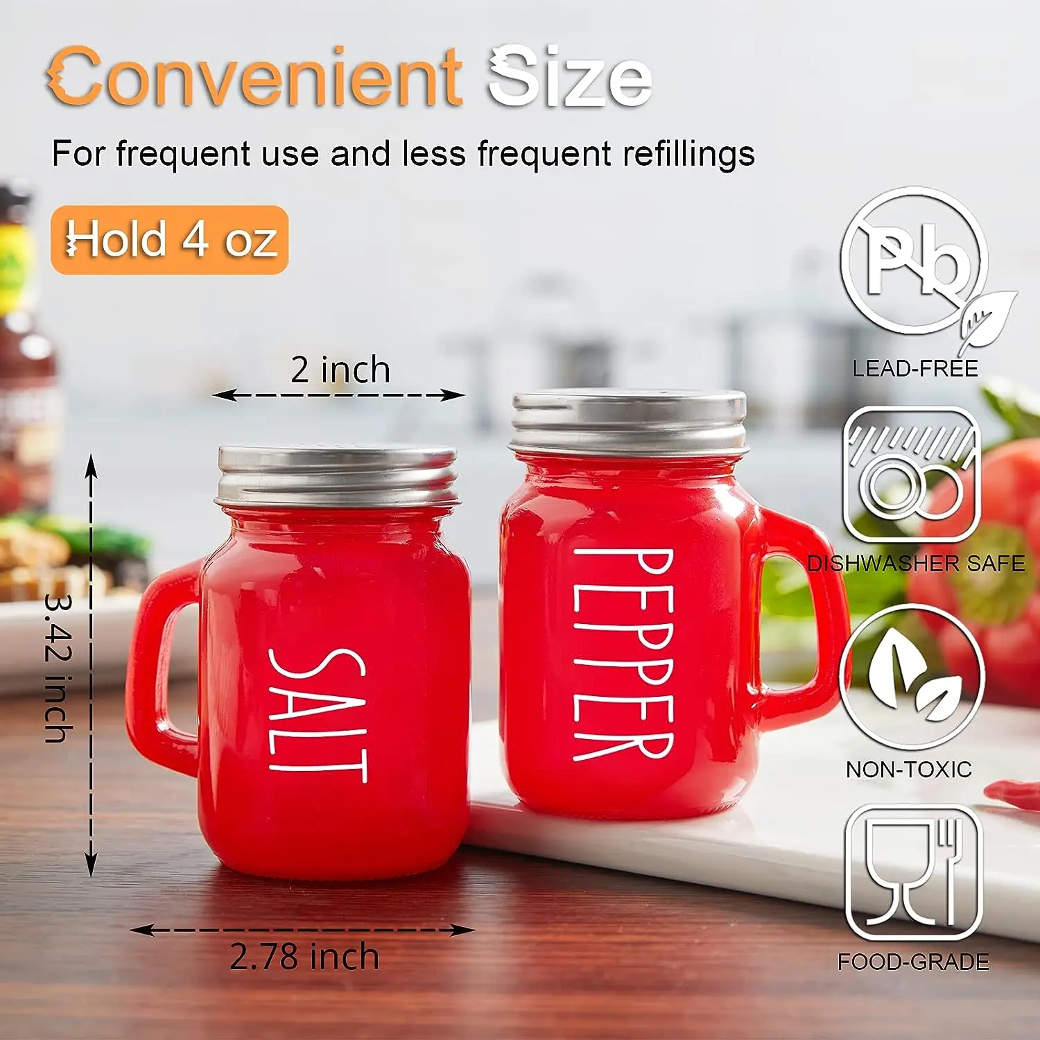 Red Salt and Pepper Shakers Set Cute Modern Glass Christmas Red Shaker Sets with Stainless Steel Lids Red Kitchen Accessories