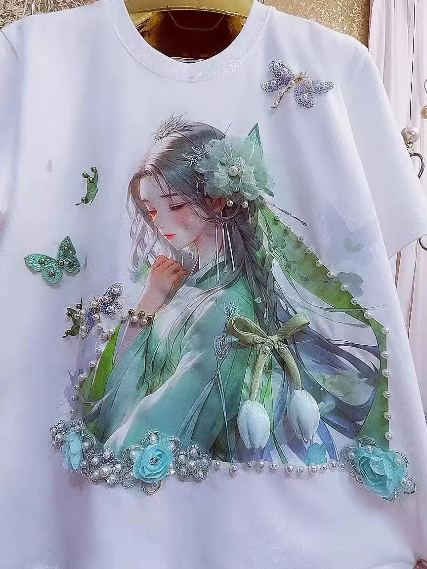 

3D Flowers Beaded Stitch Cotton Short Sleeve Tshirt For Women 2025 Summer Loose Casual T-shirt Girls Ladies White Tops Tees