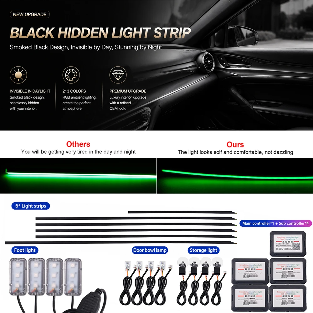6/10/14/18 in 1 Newest Acrylic Black LED Strip Hidden Car LED Ambient Light Smoke Matt Black Symphony 213 Colors APP Control 12V