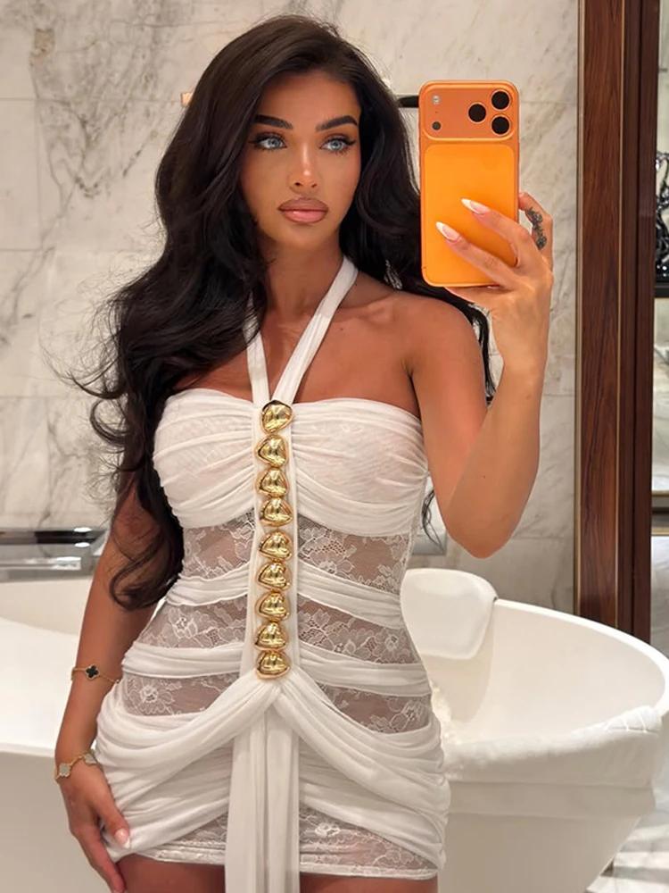 RLMABABY White See Through Lace Splice Ribbon Mini Bodycon Dress Women Halter Backless Golden Button Formal Party Short Dress