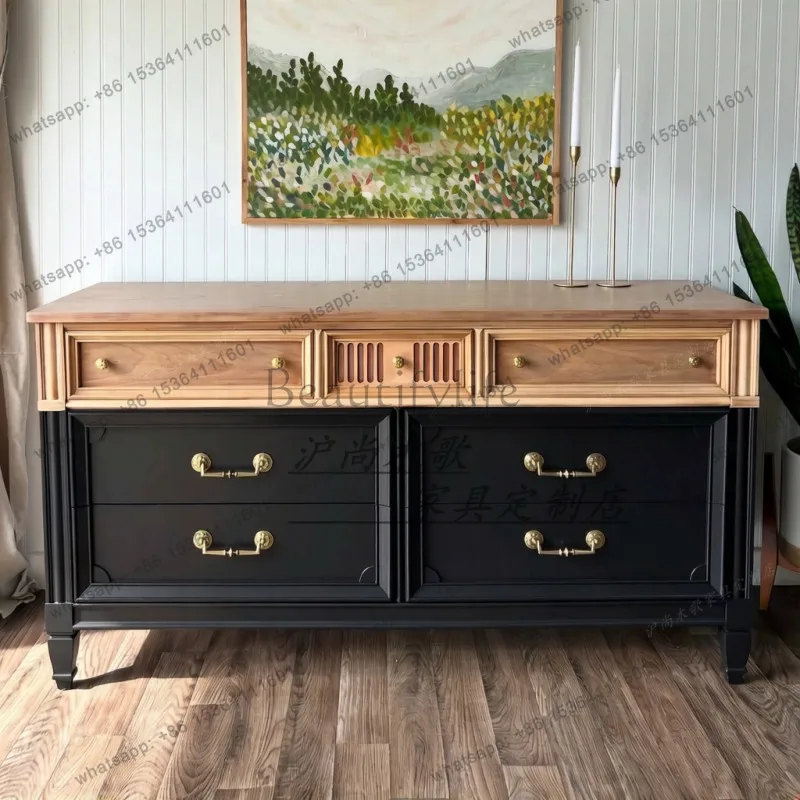 

French retro solid wood seven-chest cabinet living room wall storage partition cabinet