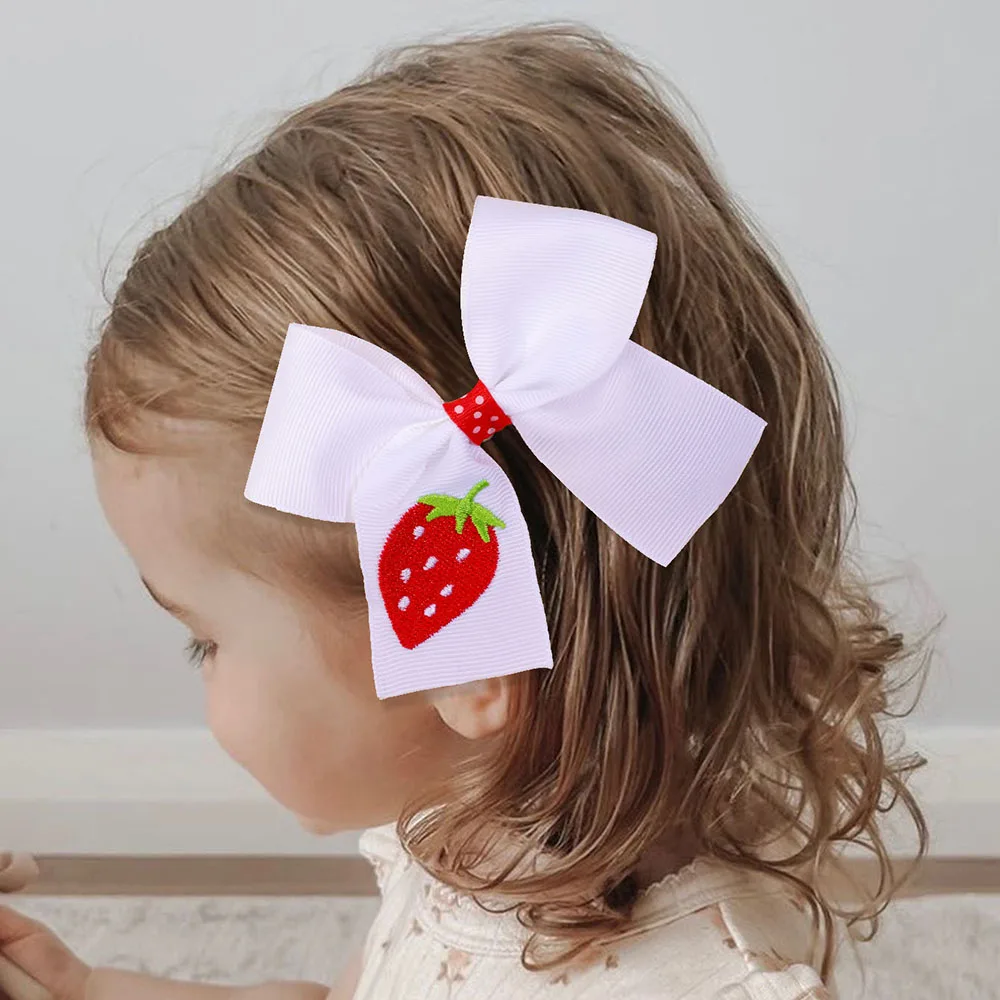 2pcs Cute Strawberry Bow Hair Clip for Girls Embroidered Bow Hair Clip for Kids Grosgrain Ribbon Strawberry Bows Hair Clips