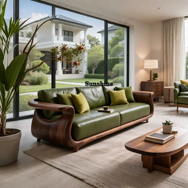 New Chinese walnut light luxury modern living room high-end leather art reception sofa