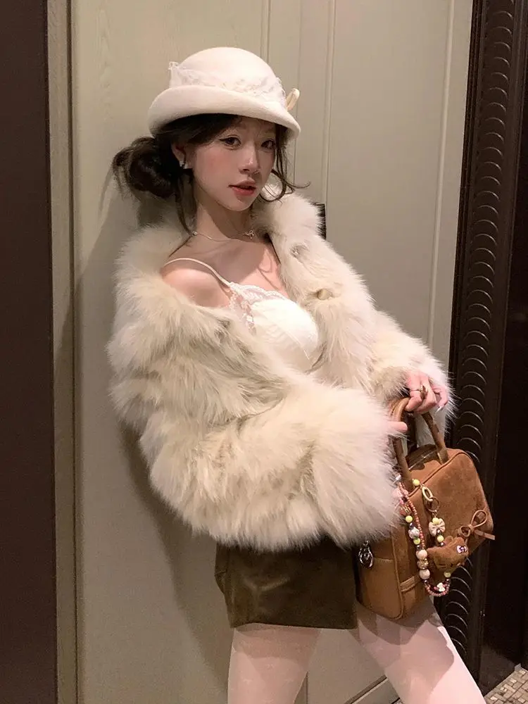 Faux Fur White Coat Coats Womens Snow Popular Cozy Fitted Leather Cashmere Regular Embroidered Patch Stand-Up Waistless Femme OL