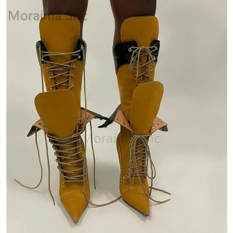 yellow Patchwork long Boots Women Sexy Pointy Toe Front Lace Up High Heel Knee High boots Ladies Trendy Party Mixed Color Shoes