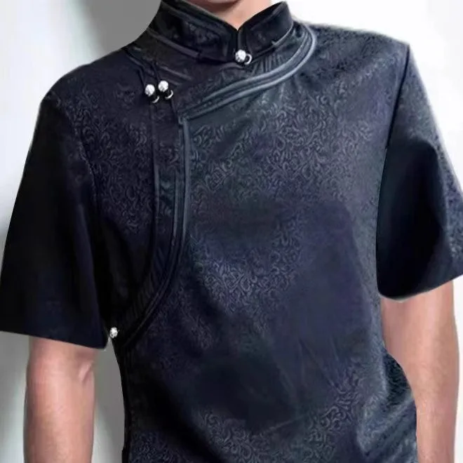 Men's Fashionable Silver Buckle Embroidered Top Coat Versatile Autumn Trendy Loose Fit Short Sleeve Stand Collar Shirt