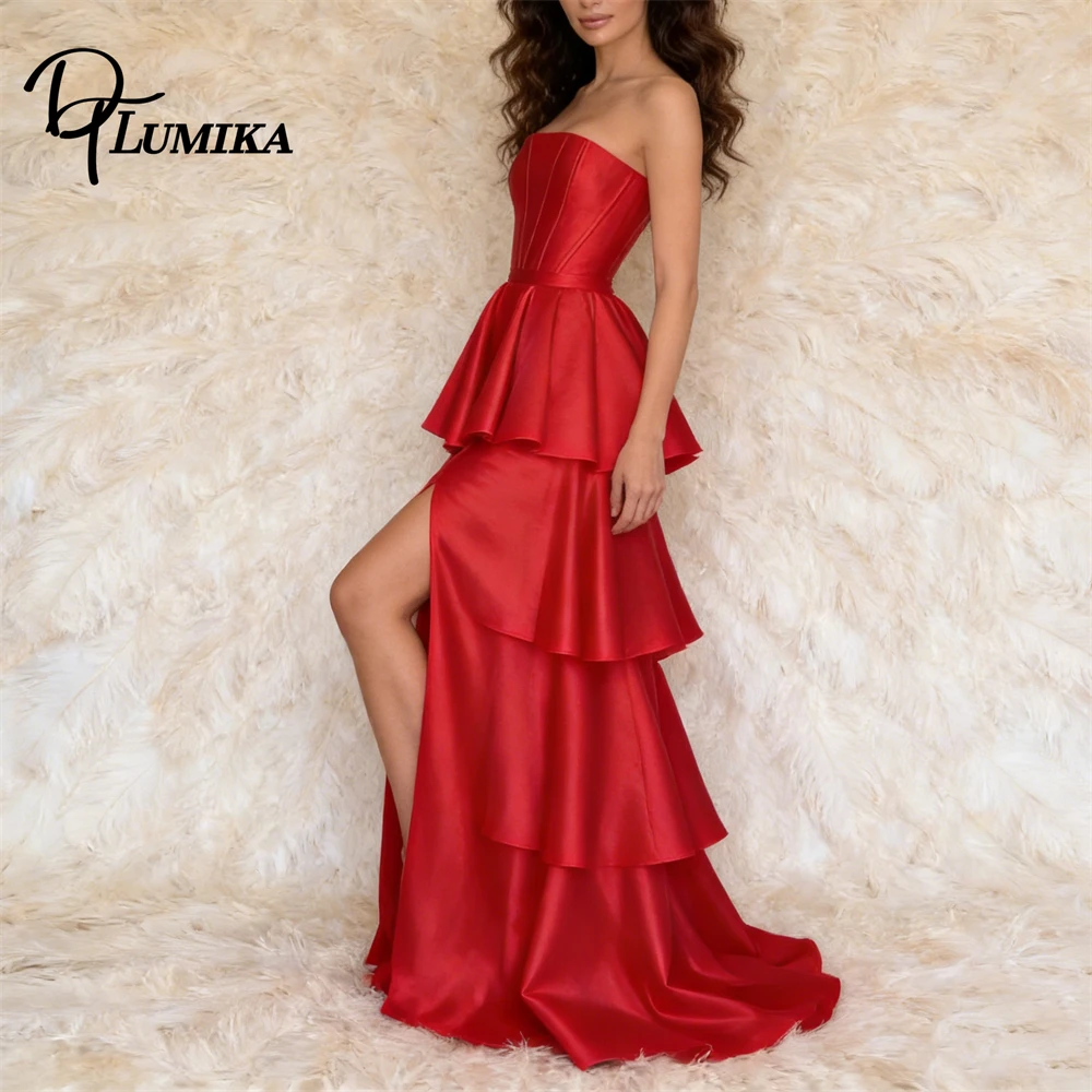 

Burgundy Red Satin Strapless Dress Layered Ruffle High Split Maxi Gown Sophisticated Dinner Date Night Cocktail Party Feminine